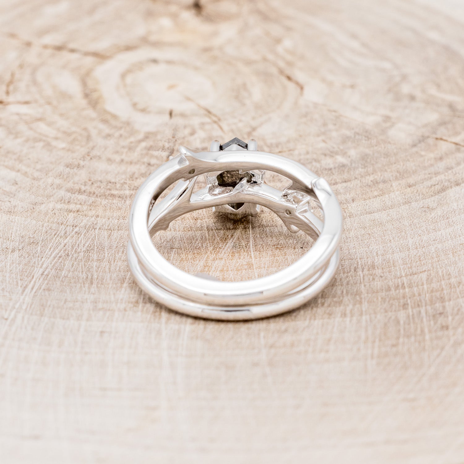 "ARTEMIS" - SHIELD CUT SALT & PEPPER DIAMOND ENGAGEMENT RING WITH DIAMOND ACCENTS & STACKING BAND-5