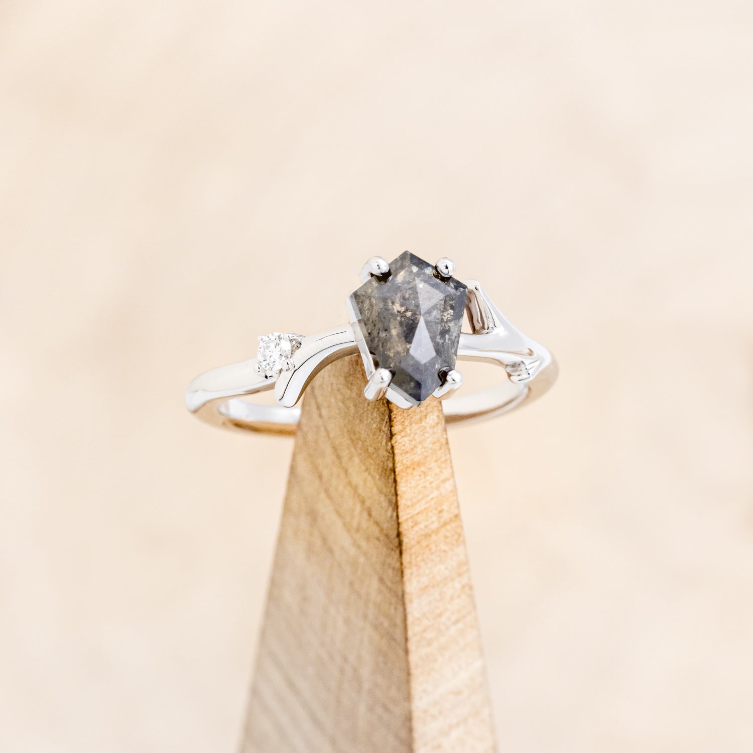 "ARTEMIS" - SHIELD CUT SALT & PEPPER DIAMOND ENGAGEMENT RING WITH DIAMOND ACCENTS & STACKING BAND-7