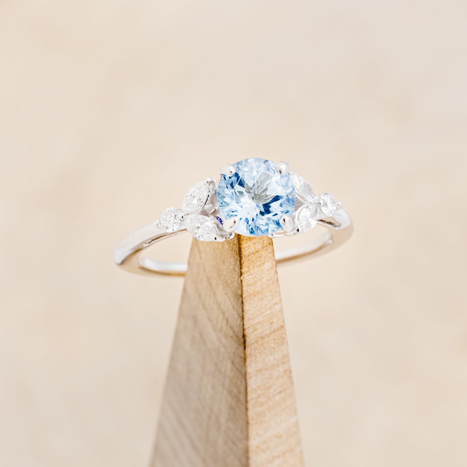 "BLOSSOM" - ROUND CUT AQUAMARINE ENGAGEMENT RING WITH LEAF-SHAPED DIAMOND ACCENTS-7