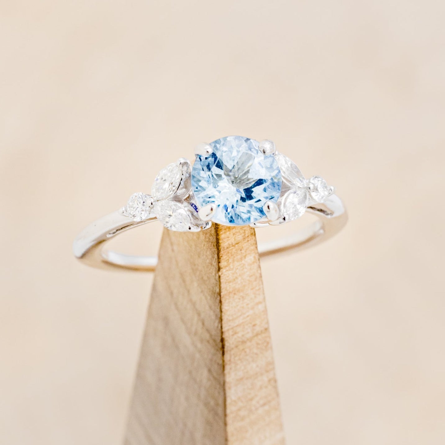 "BLOSSOM" - ROUND CUT AQUAMARINE ENGAGEMENT RING WITH LEAF-SHAPED DIAMOND ACCENTS-7