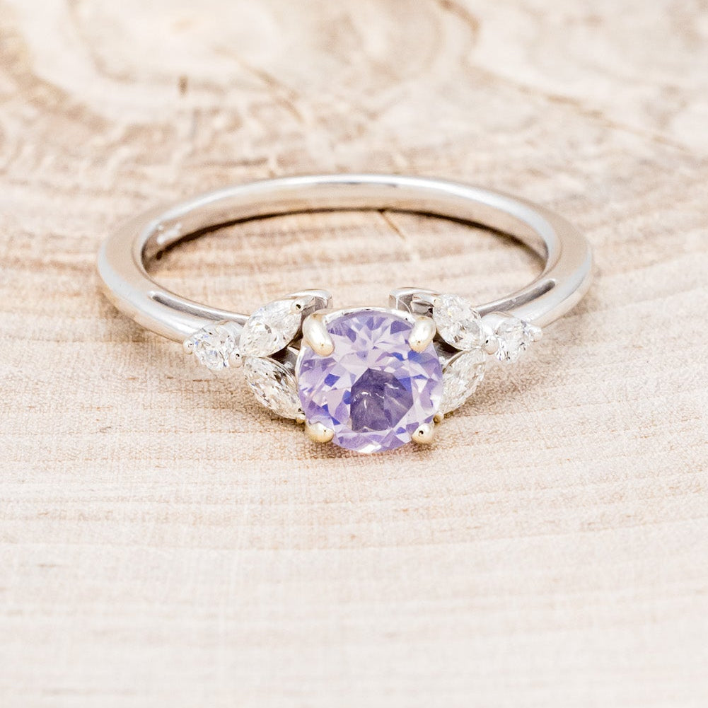 "BLOSSOM" - ROUND CUT LAVENDER QUARTZ ENGAGEMENT RING WITH LEAF SHAPED DIAMOND ACCENTS-4