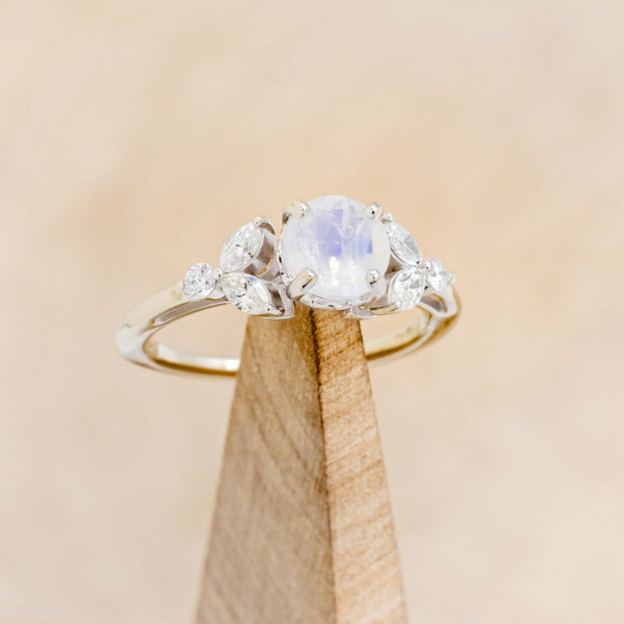 "BLOSSOM" - ROUND CUT MOONSTONE ENGAGEMENT RING WITH LEAF SHAPED DIAMOND ACCENTS-7