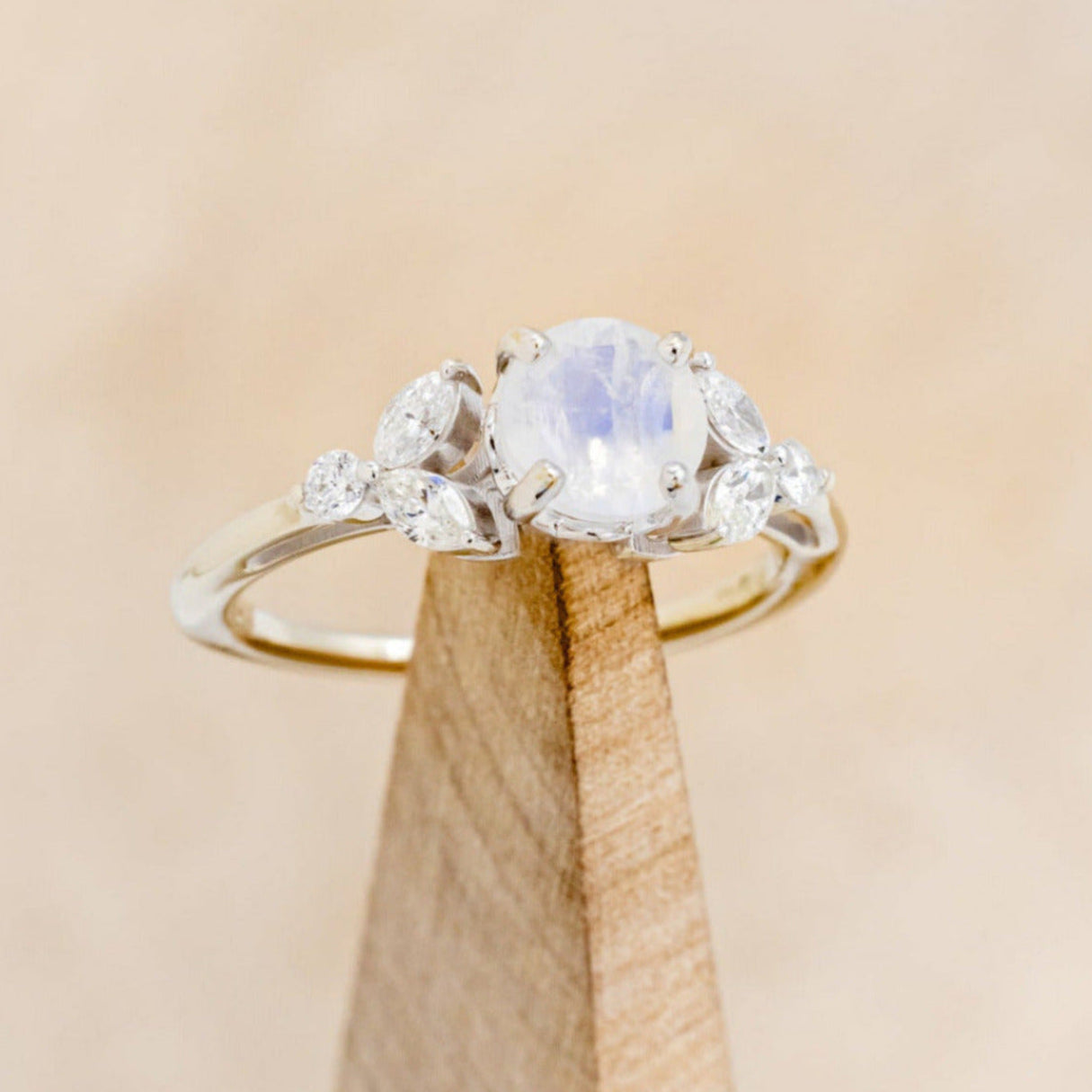 "BLOSSOM" - ROUND CUT MOONSTONE ENGAGEMENT RING WITH LEAF SHAPED DIAMOND ACCENTS-7
