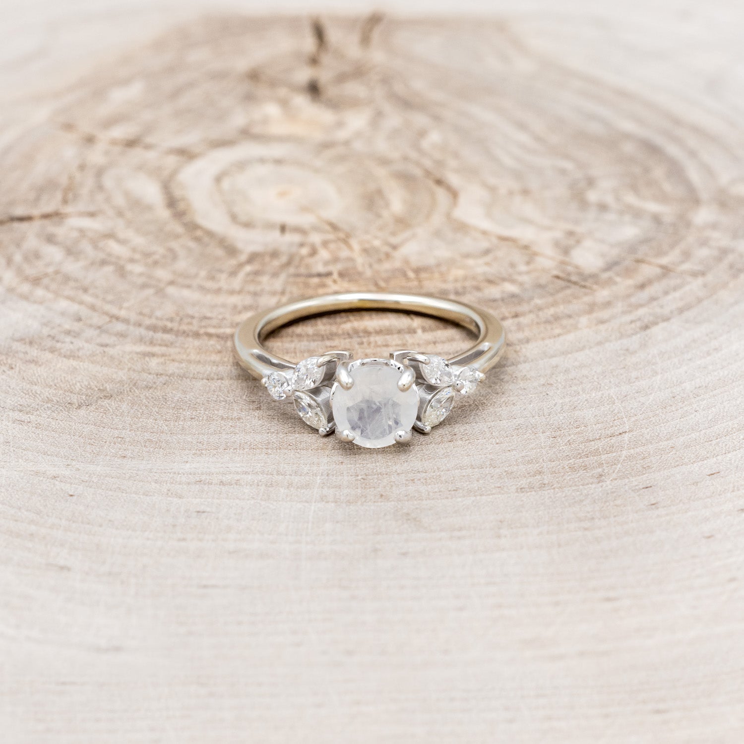 "BLOSSOM" - ROUND CUT MOONSTONE ENGAGEMENT RING WITH LEAF SHAPED DIAMOND ACCENTS-10