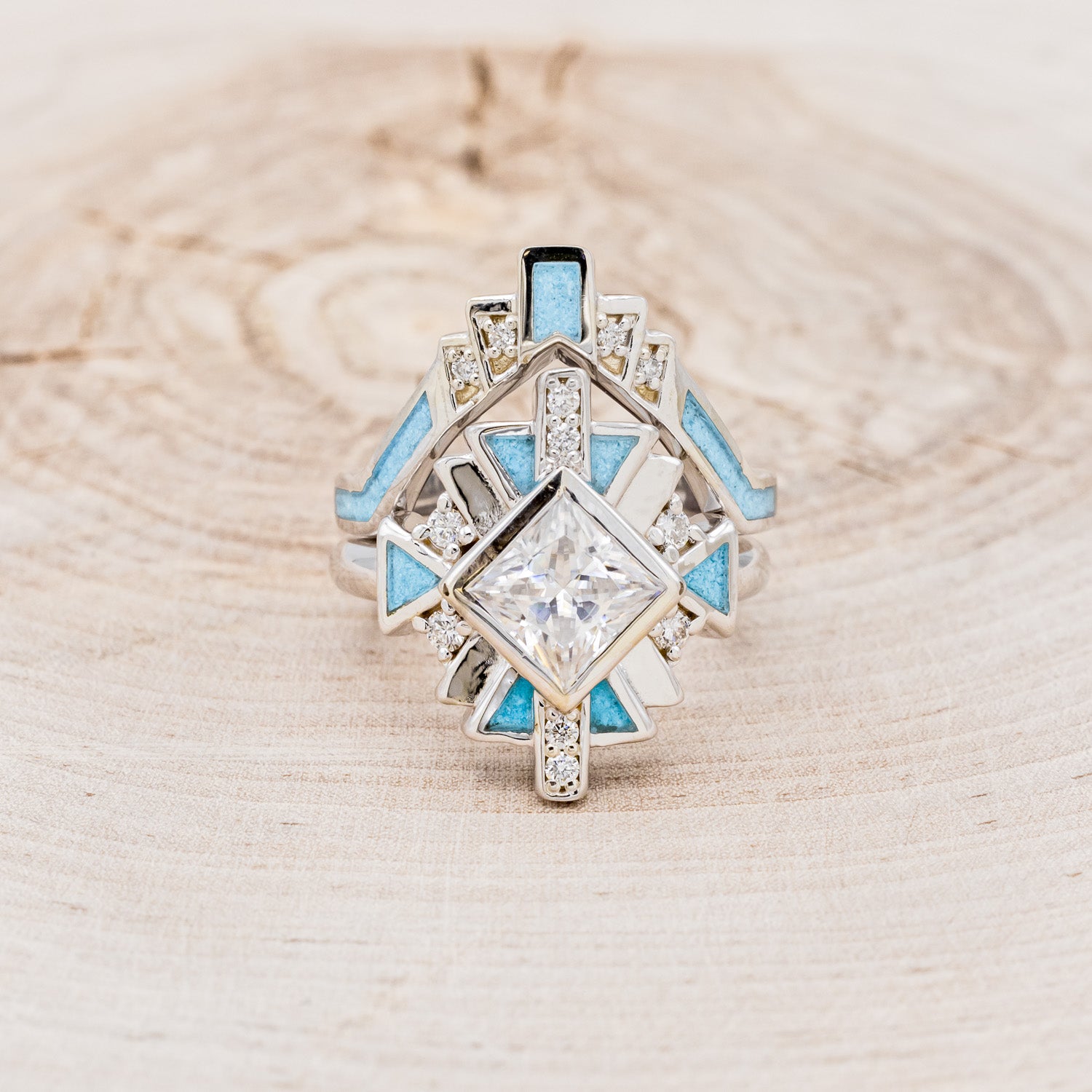 "CALLIANDRA" - BRIDAL SUITE - PRINCESS CUT MOISSANITE ENGAGEMENT RING WITH DIAMOND ACCENTS, TURQUOISE, & TRACERS-10