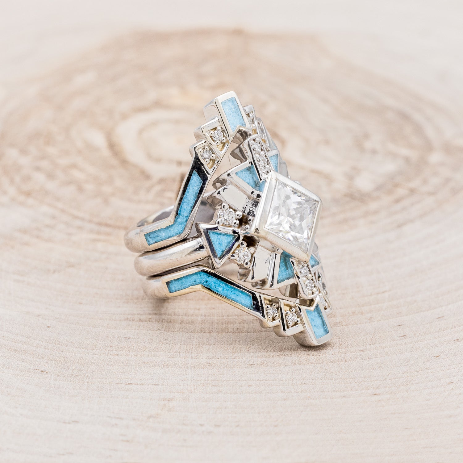 "CALLIANDRA" - BRIDAL SUITE - PRINCESS CUT MOISSANITE ENGAGEMENT RING WITH DIAMOND ACCENTS, TURQUOISE, & TRACERS-2