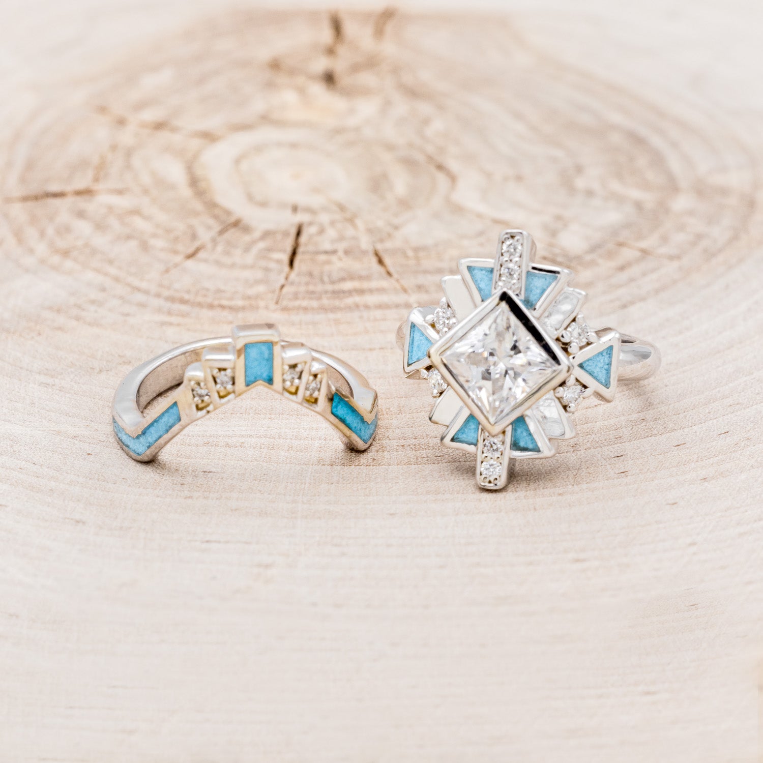 "CALLIANDRA" - BRIDAL SUITE - PRINCESS CUT MOISSANITE ENGAGEMENT RING WITH DIAMOND ACCENTS, TURQUOISE, & TRACERS-11