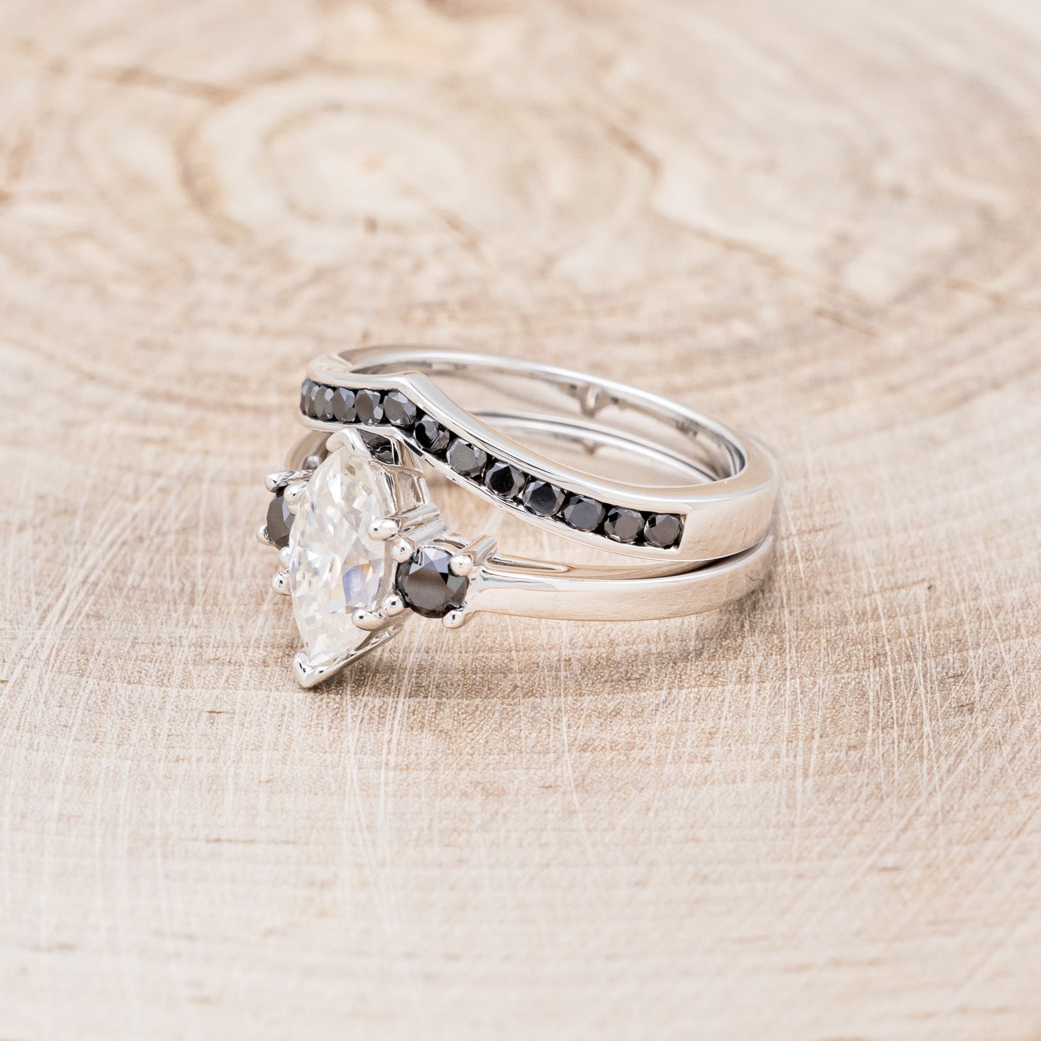 MARQUISE CUT MOISSANITE ENGAGEMENT RING WITH BLACK DIAMOND ACCENTS & "CARA" TRACER-3