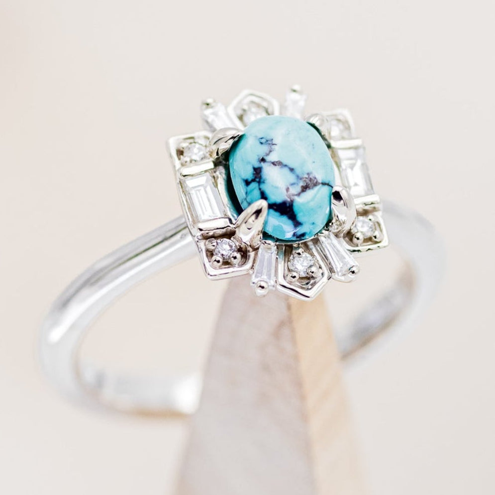 "CLEOPATRA" - BRIDAL SUITE - OVAL TURQUOISE & DIAMOND HALO ENGAGEMENT RING WITH TRACERS-13