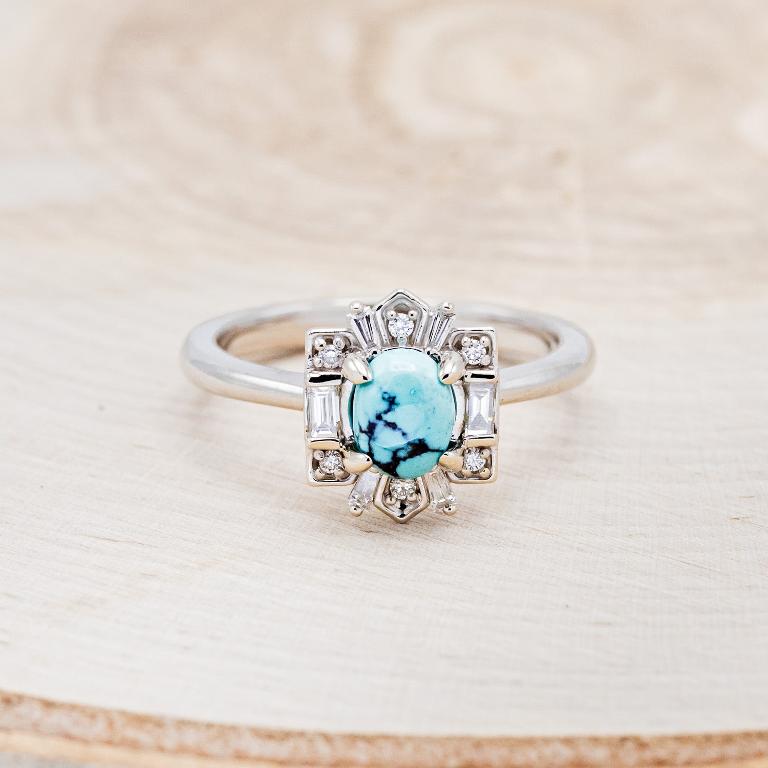 "CLEOPATRA" - OVAL TURQUOISE ENGAGEMENT RING WITH DIAMOND ACCENTS-10