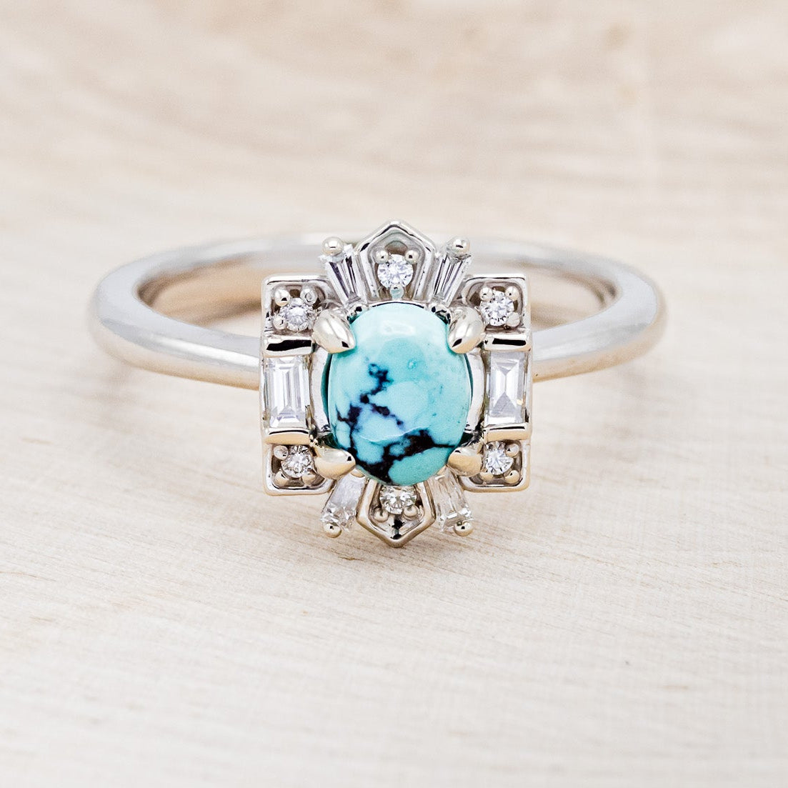 "CLEOPATRA" - OVAL TURQUOISE ENGAGEMENT RING WITH DIAMOND ACCENTS-10