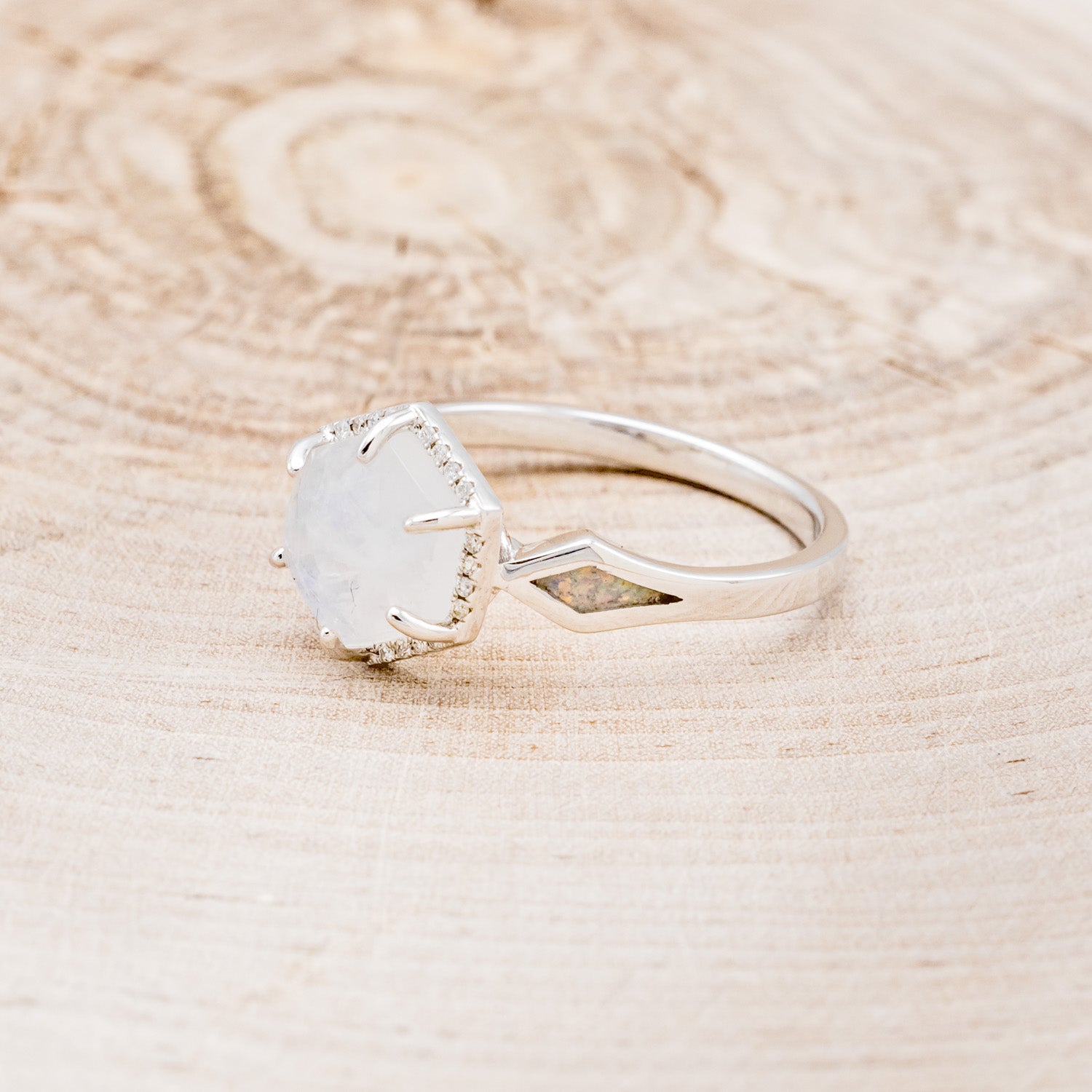 "CRAZY ON YOU" - HEXAGON MOONSTONE ENGAGEMENT RING WITH DIAMOND HALO & WHITE OPAL INLAYS-3