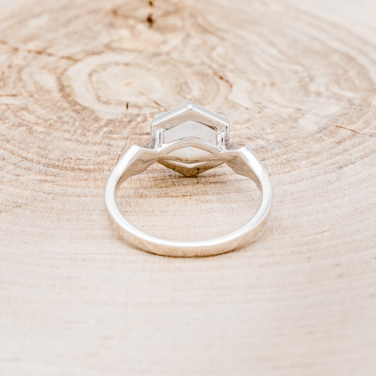 "CRAZY ON YOU" - HEXAGON MOONSTONE ENGAGEMENT RING WITH DIAMOND HALO & WHITE OPAL INLAYS-6