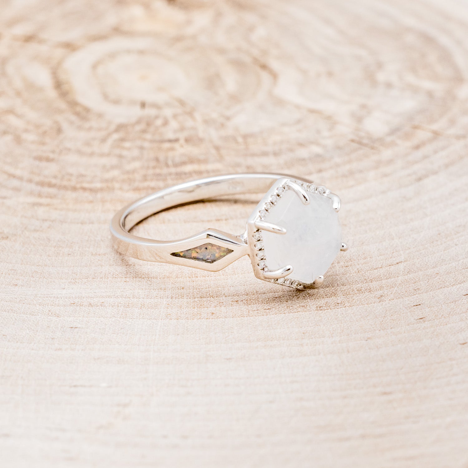 "CRAZY ON YOU" - HEXAGON MOONSTONE ENGAGEMENT RING WITH DIAMOND HALO & WHITE OPAL INLAYS-2