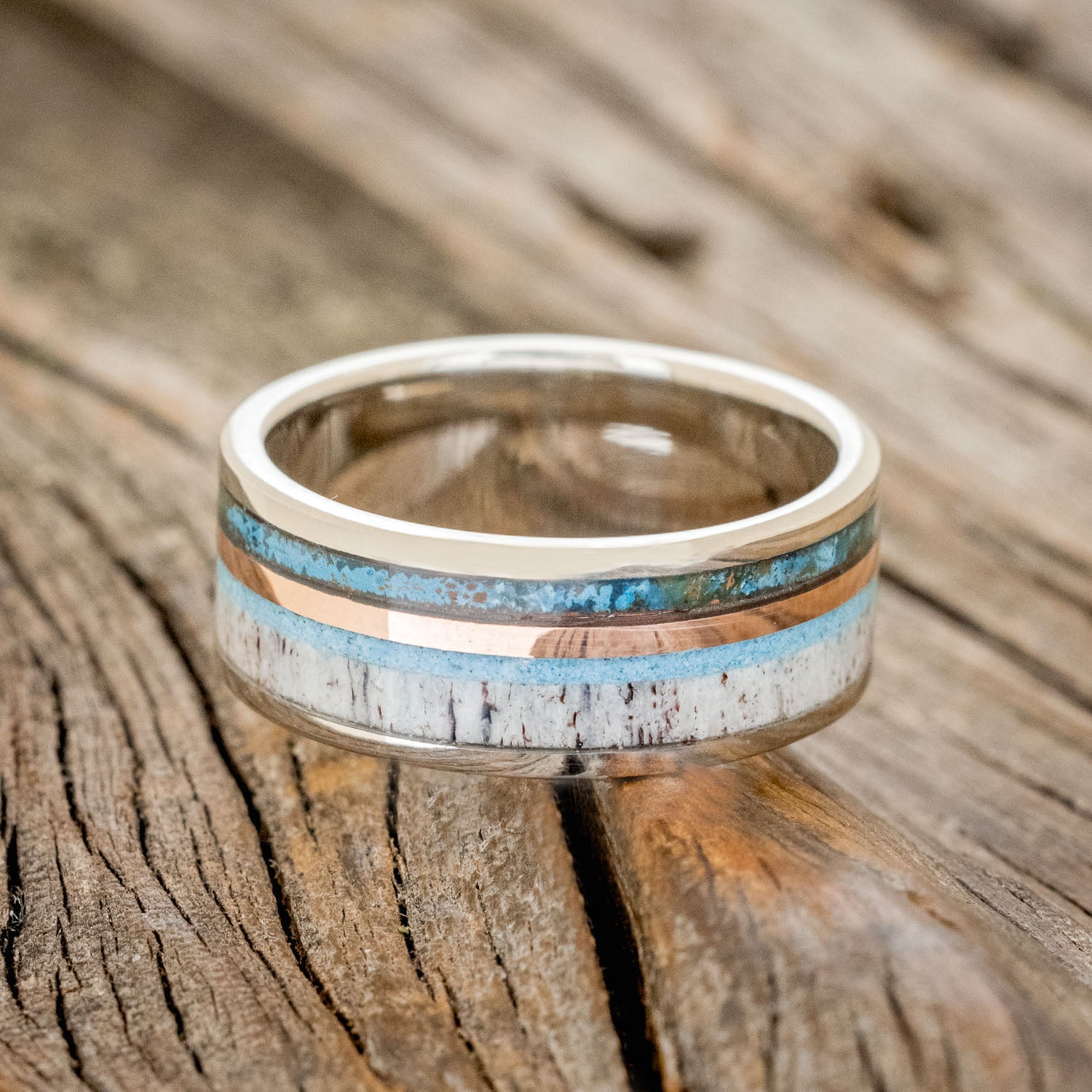 "ELEMENT" - PATINA COPPER, TURQUOISE, ANTLER & 14K ROSE GOLD INLAY WEDDING BAND-3