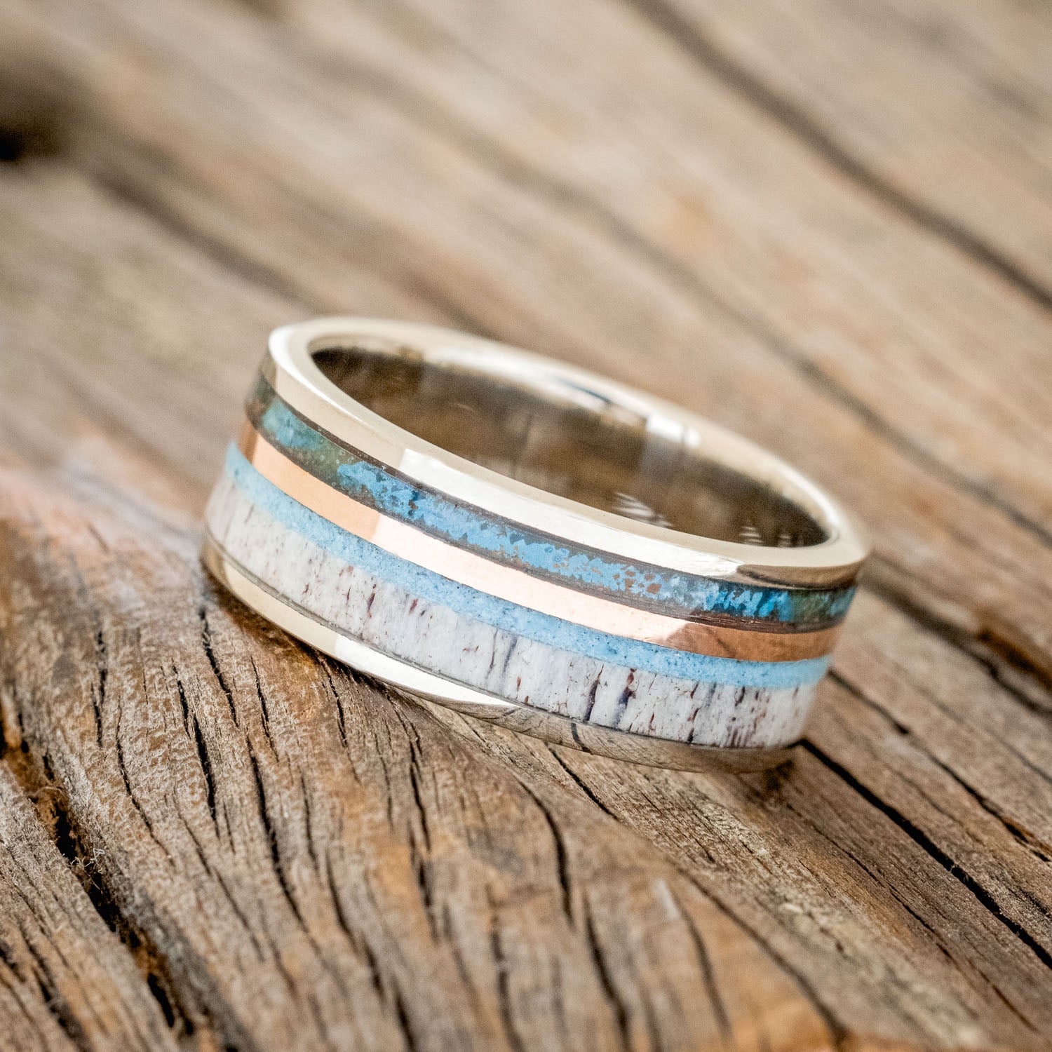 "ELEMENT" - PATINA COPPER, TURQUOISE, ANTLER & 14K ROSE GOLD INLAY WEDDING BAND-2