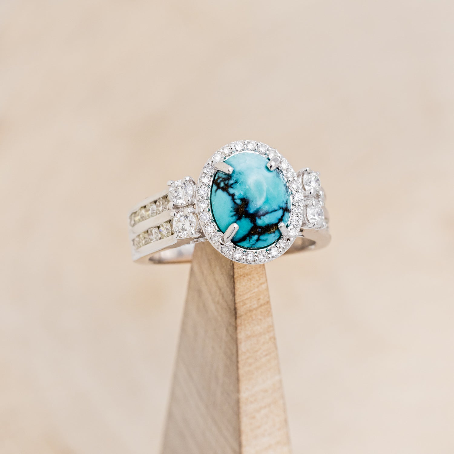 "FANCY" - OVAL TURQUOISE ENGAGEMENT RING WITH DIAMOND HALO & ACCENTS-8