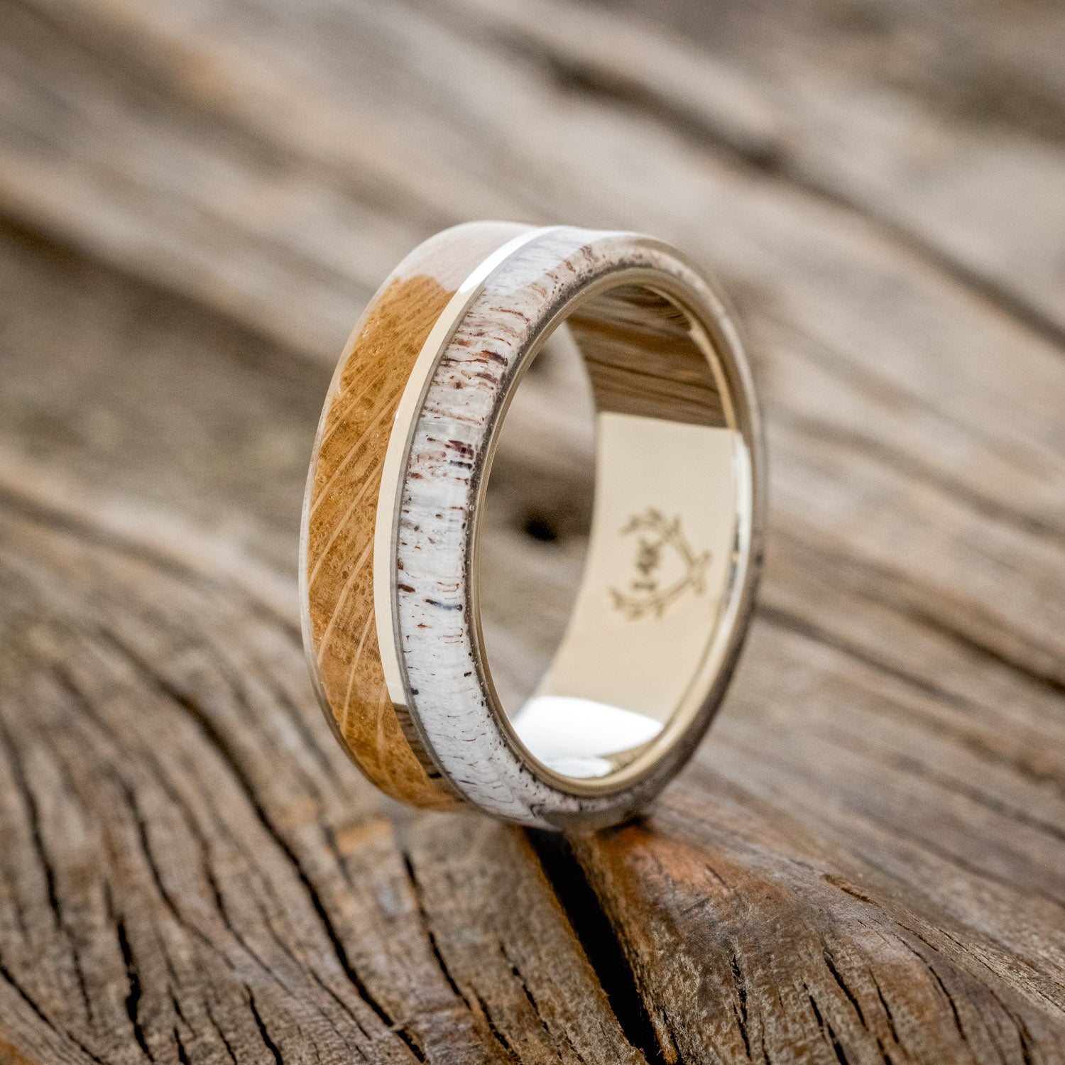 "GOLDEN" - WHISKEY BARREL OAK, ANTLER & 14K GOLD WEDDING RING-7