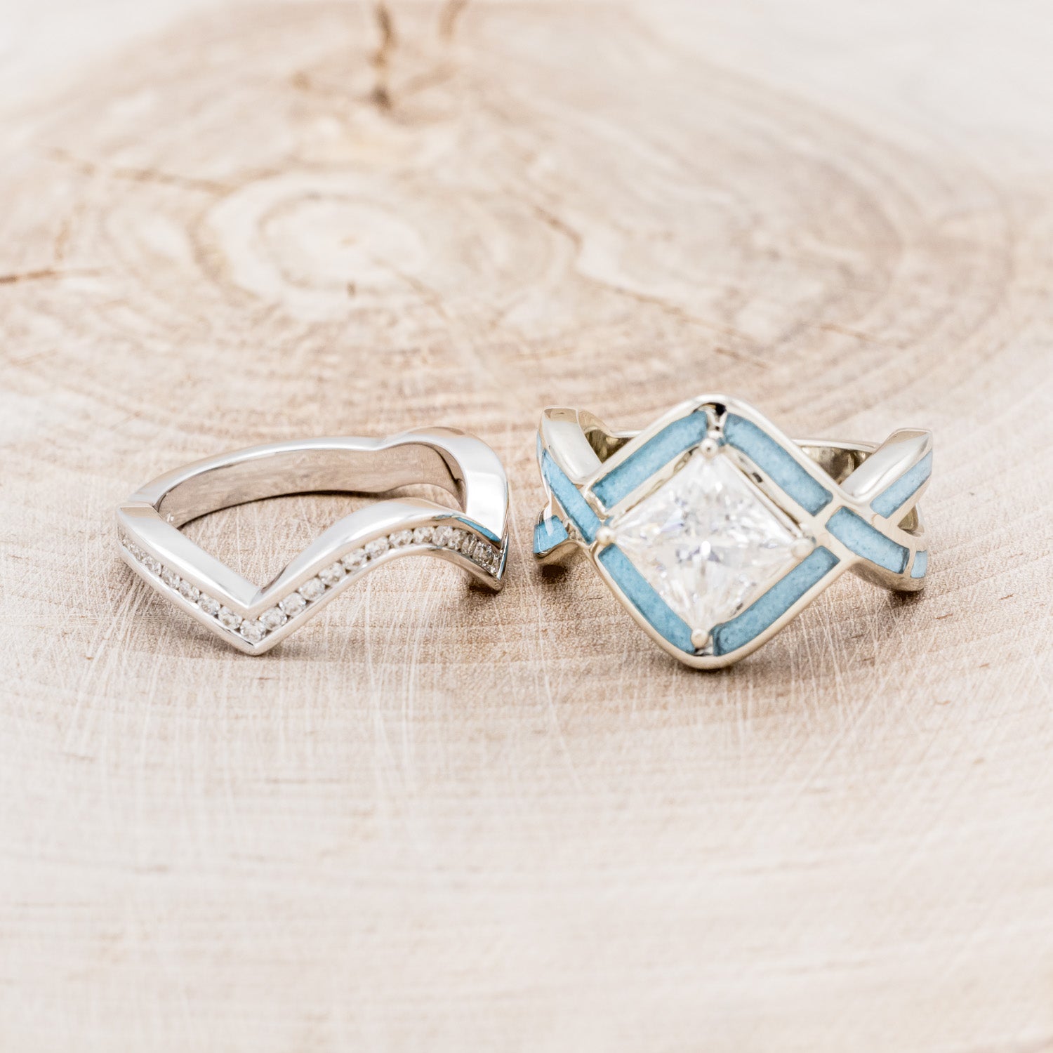 "HELIX" - PRINCESS CUT MOISSANITE ENGAGEMENT RING WITH TURQUOISE INLAYS & DIAMOND TRACER-6