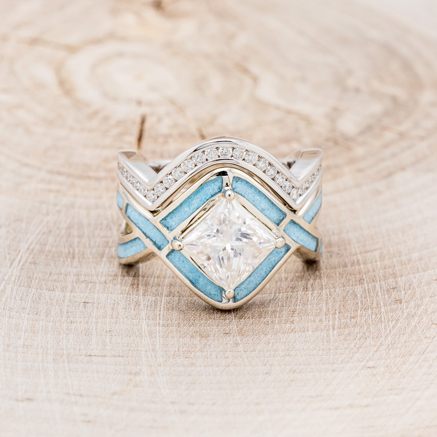 "HELIX" - PRINCESS CUT MOISSANITE ENGAGEMENT RING WITH TURQUOISE INLAYS & DIAMOND TRACER-4