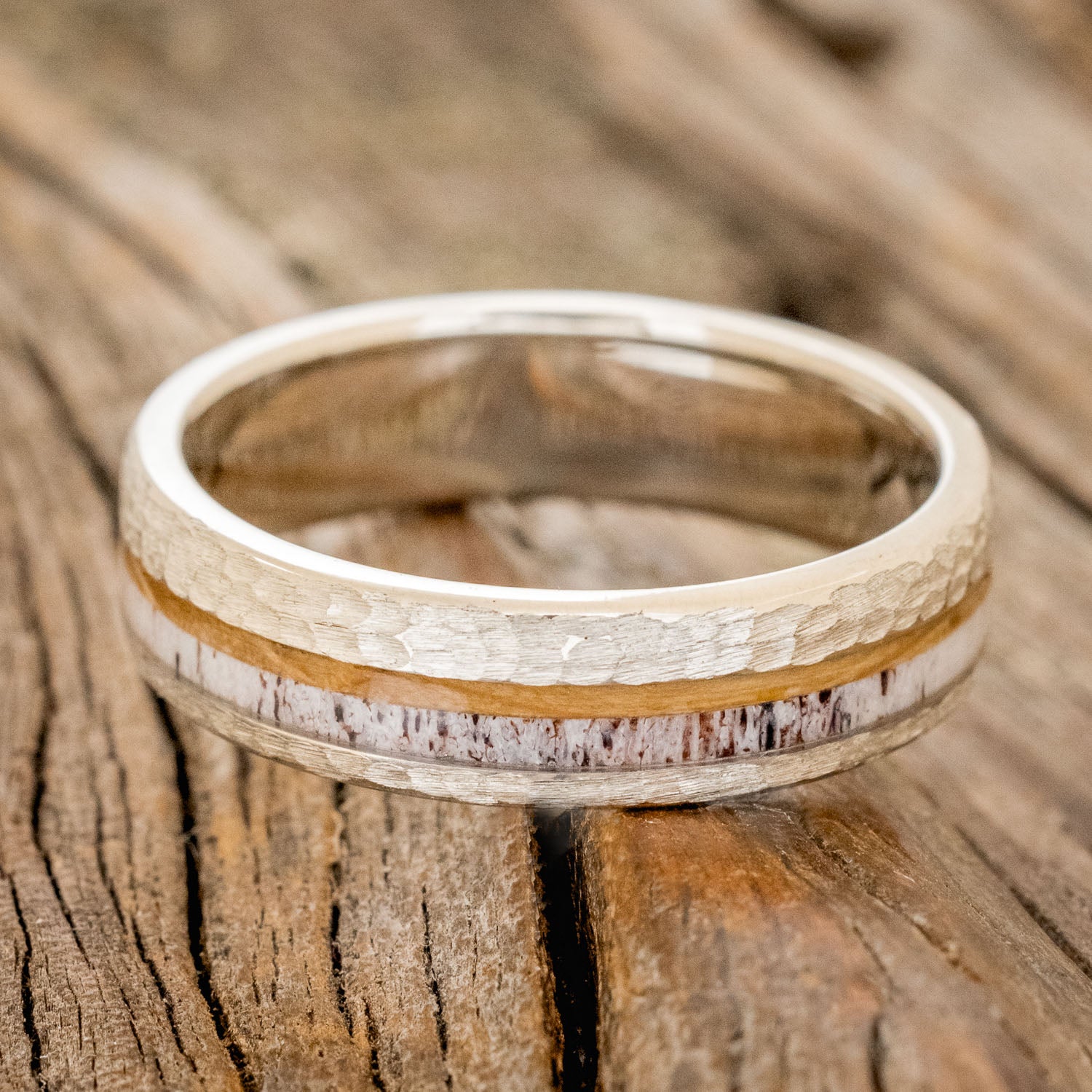 "TANNER" - WHISKEY BARREL OAK & ANTLER WEDDING BAND WITH A HAMMERED FINISH-3