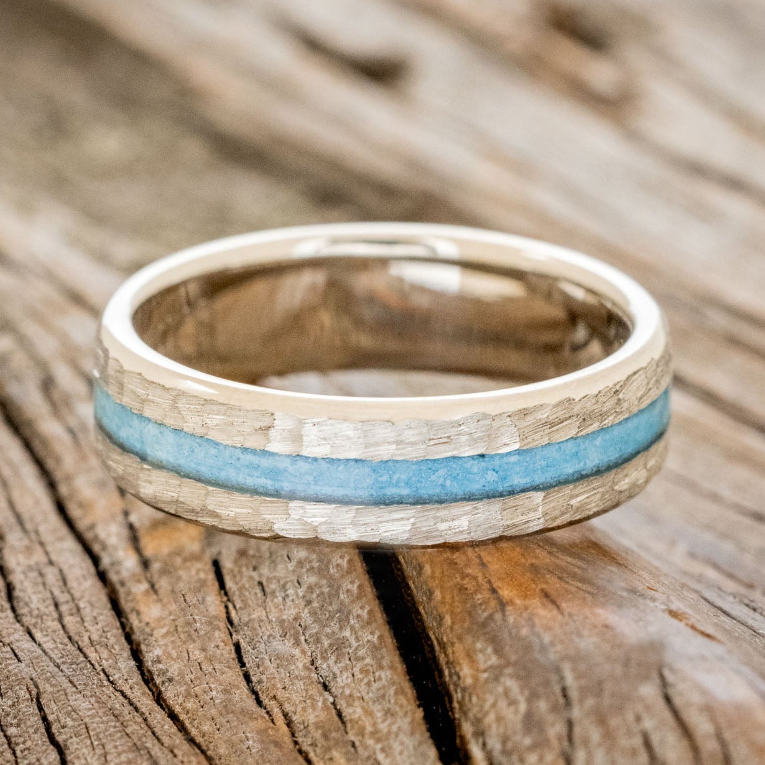 "NIRVANA" - CENTERED TURQUOISE INLAY WEDDING BAND WITH HAMMERED FINISH-3