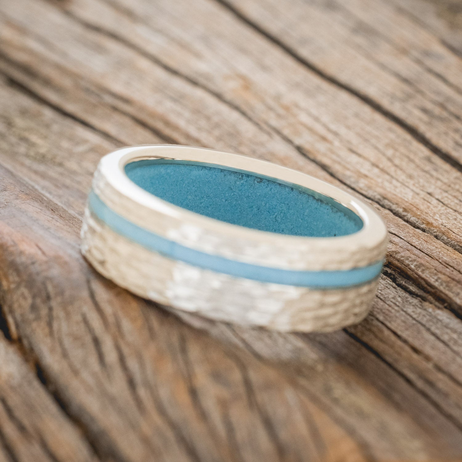 "VERTIGO" - TURQUOISE INLAY & LINED WEDDING BAND WITH A HAMMERED FINISH-11