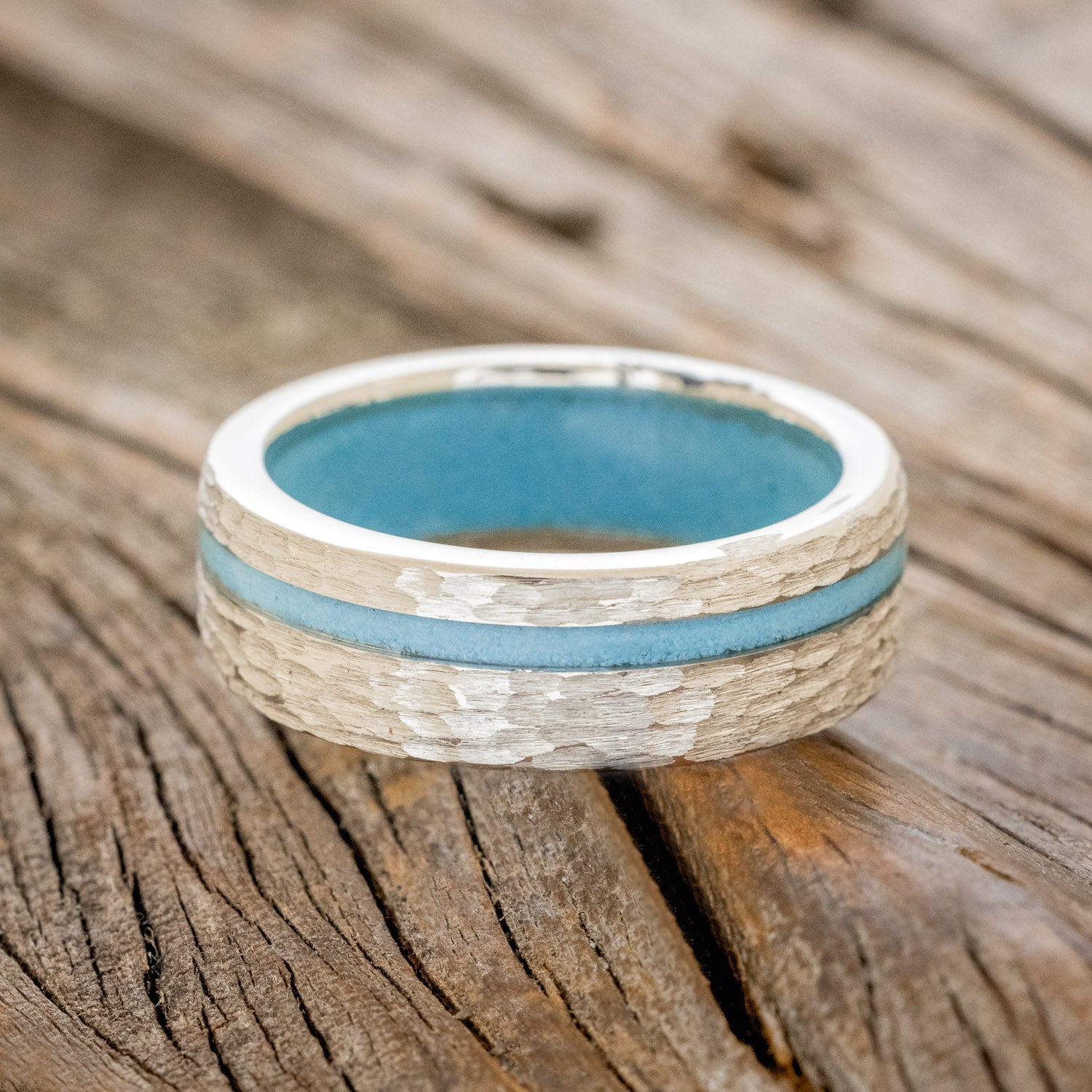 "VERTIGO" - TURQUOISE INLAY & LINED WEDDING BAND WITH A HAMMERED FINISH-9