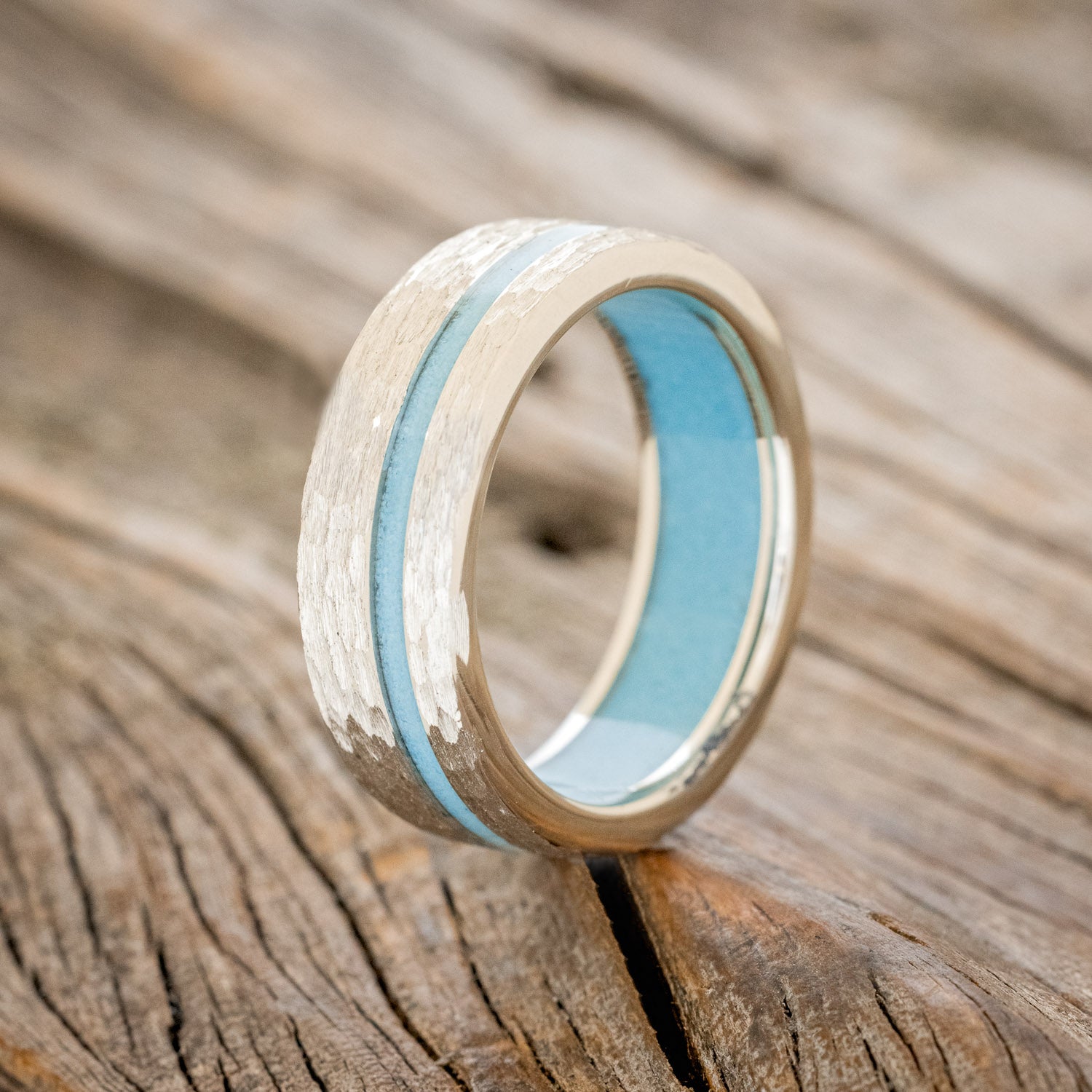 "VERTIGO" - TURQUOISE INLAY & LINED WEDDING BAND WITH A HAMMERED FINISH-7