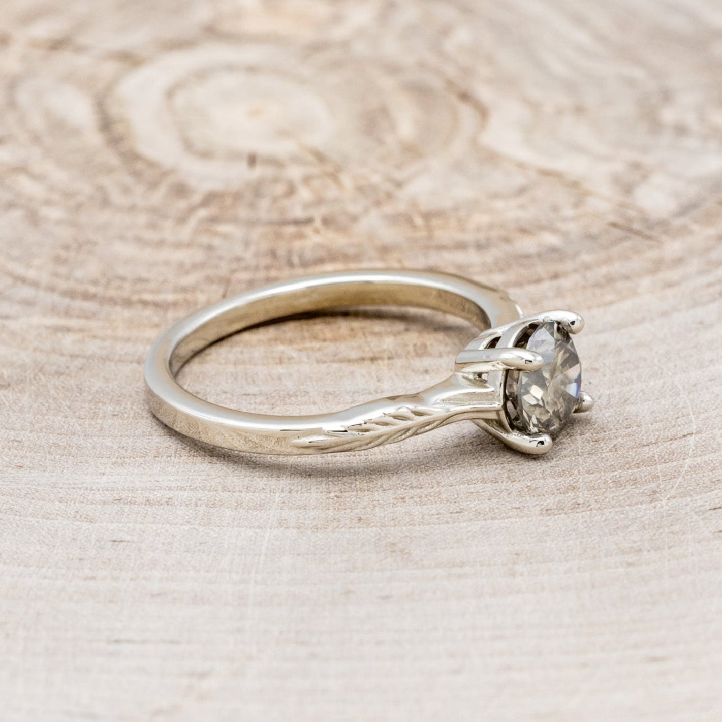 "HOPE" - ROUND CUT SALT & PEPPER DIAMOND SOLITAIRE ENGAGEMENT RING WITH FEATHER ACCENTS-8
