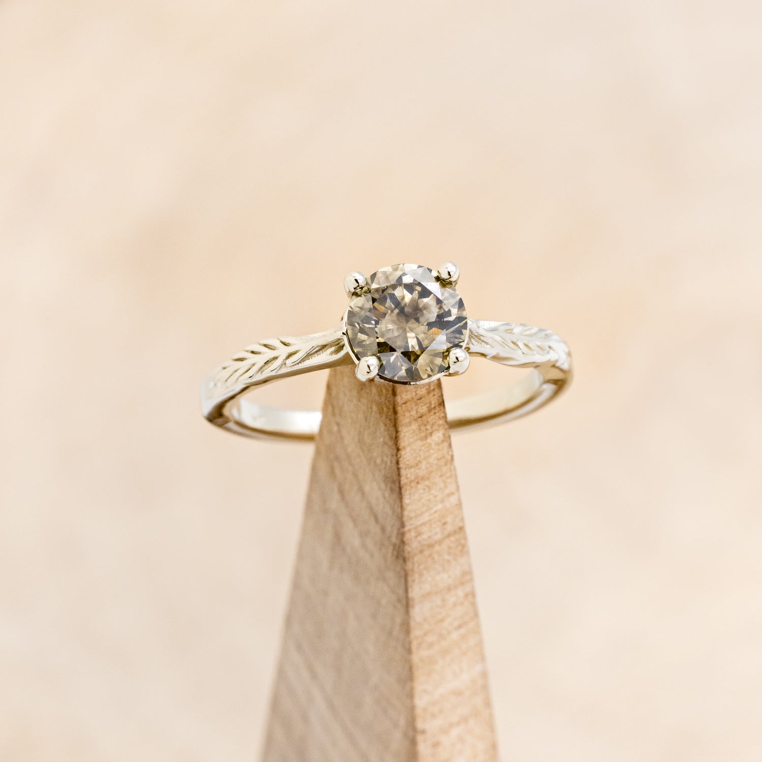 "HOPE" - ROUND CUT SALT & PEPPER DIAMOND SOLITAIRE ENGAGEMENT RING WITH FEATHER ACCENTS-7