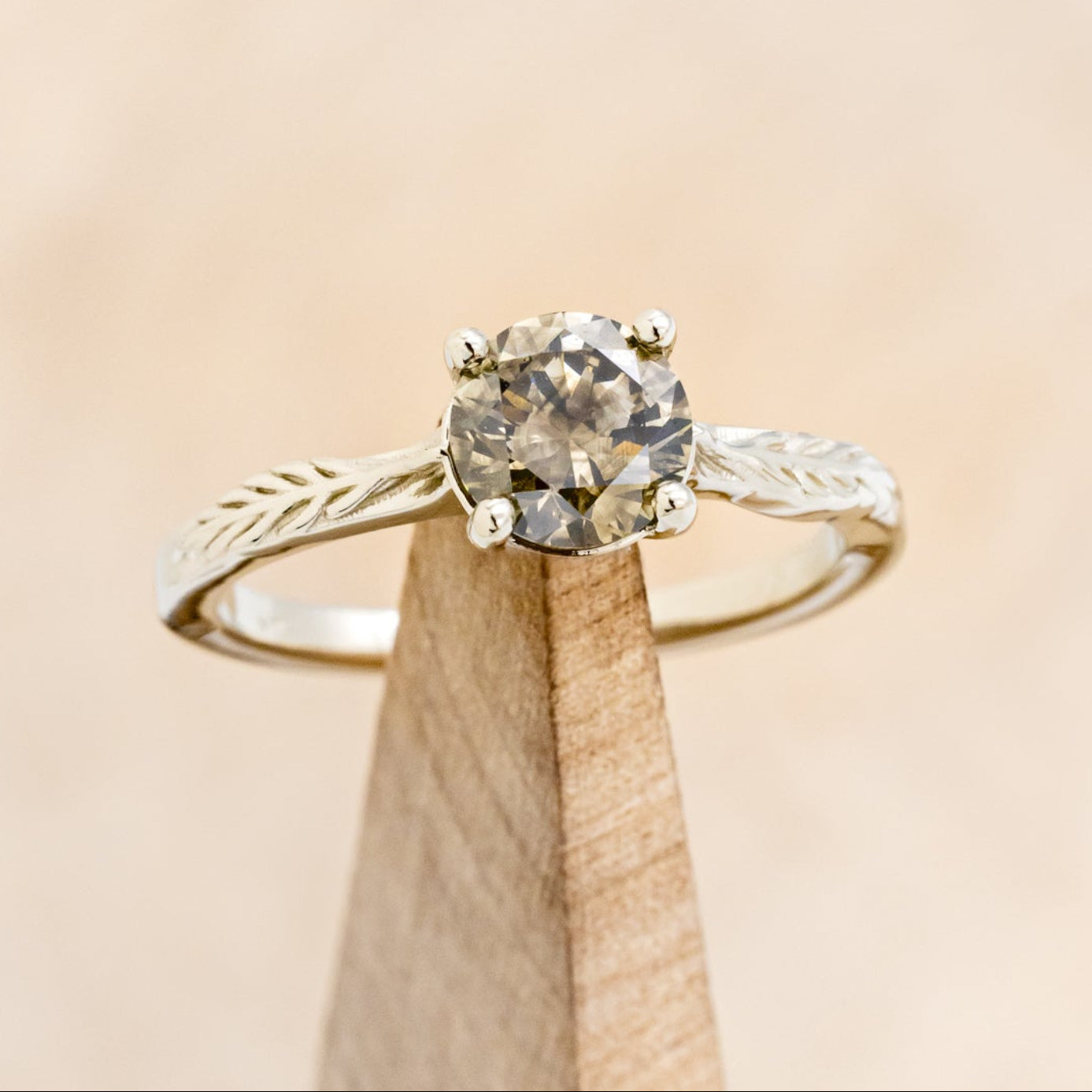 "HOPE" - ROUND CUT SALT & PEPPER DIAMOND SOLITAIRE ENGAGEMENT RING WITH FEATHER ACCENTS-7