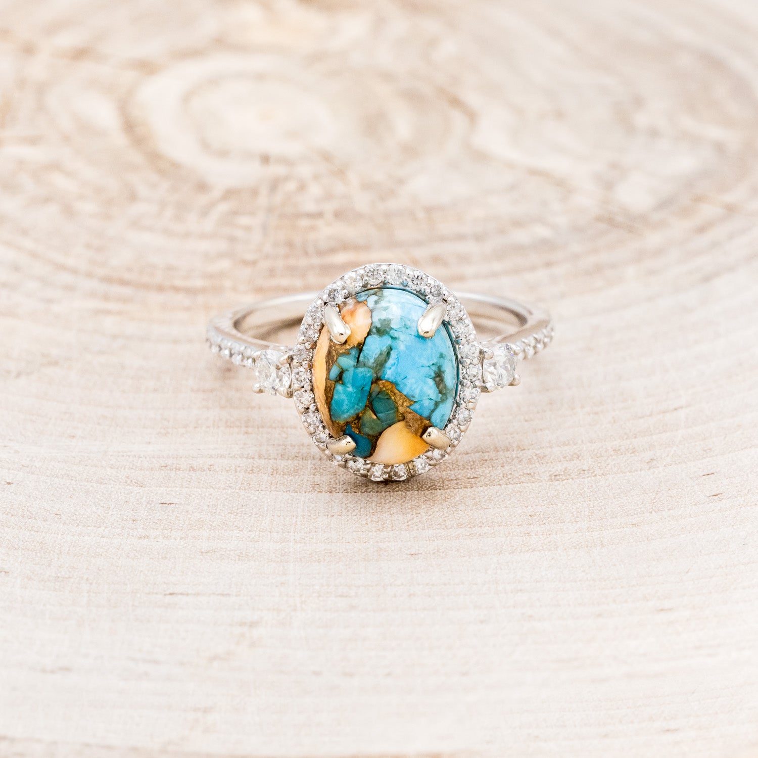 "KB" - OVAL SPINY OYSTER TURQUOISE ENGAGEMENT RING WITH DIAMOND HALO & ACCENTS-4