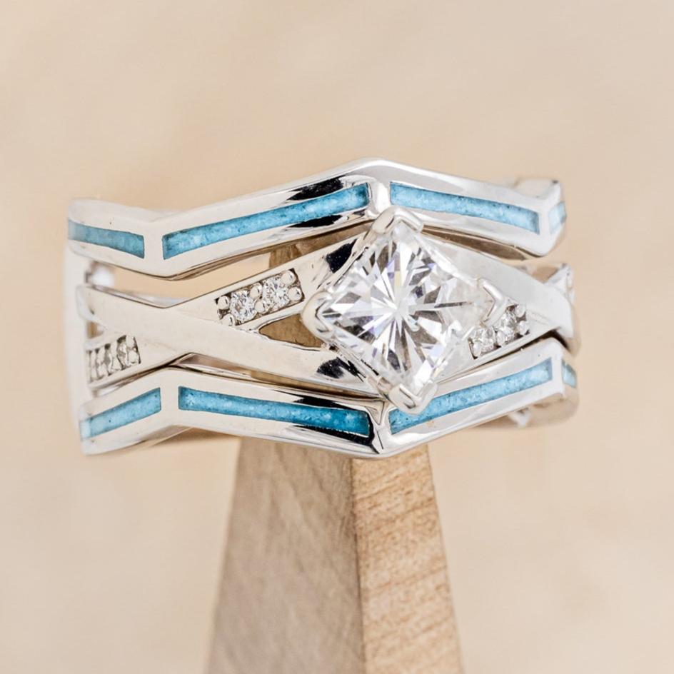 "LINA" - PRINCESS CUT MOISSANITE ENGAGEMENT RING WITH DIAMOND ACCENTS & TURQUOISE RING GUARD-18