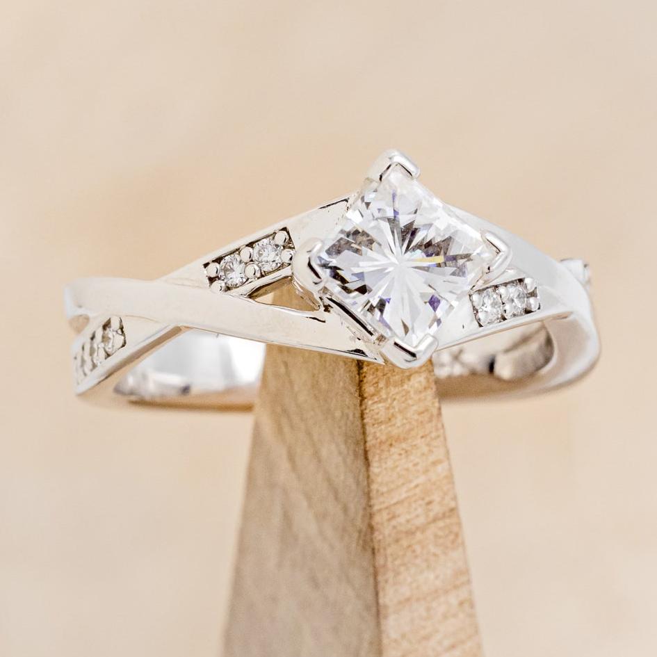 "LINA" - PRINCESS CUT MOISSANITE ENGAGEMENT RING WITH DIAMOND ACCENTS & TURQUOISE RING GUARD-24