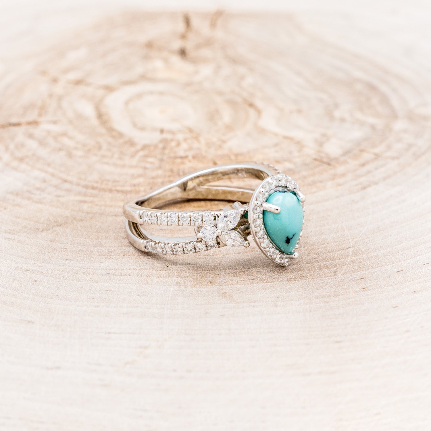 "LORETTA" - PEAR-SHAPED TURQUOISE ENGAGEMENT RING WITH DIAMOND HALO & ACCENTS-8
