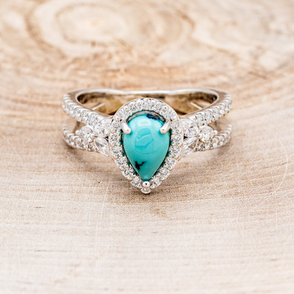 "LORETTA" - PEAR-SHAPED TURQUOISE ENGAGEMENT RING WITH DIAMOND HALO & ACCENTS-10