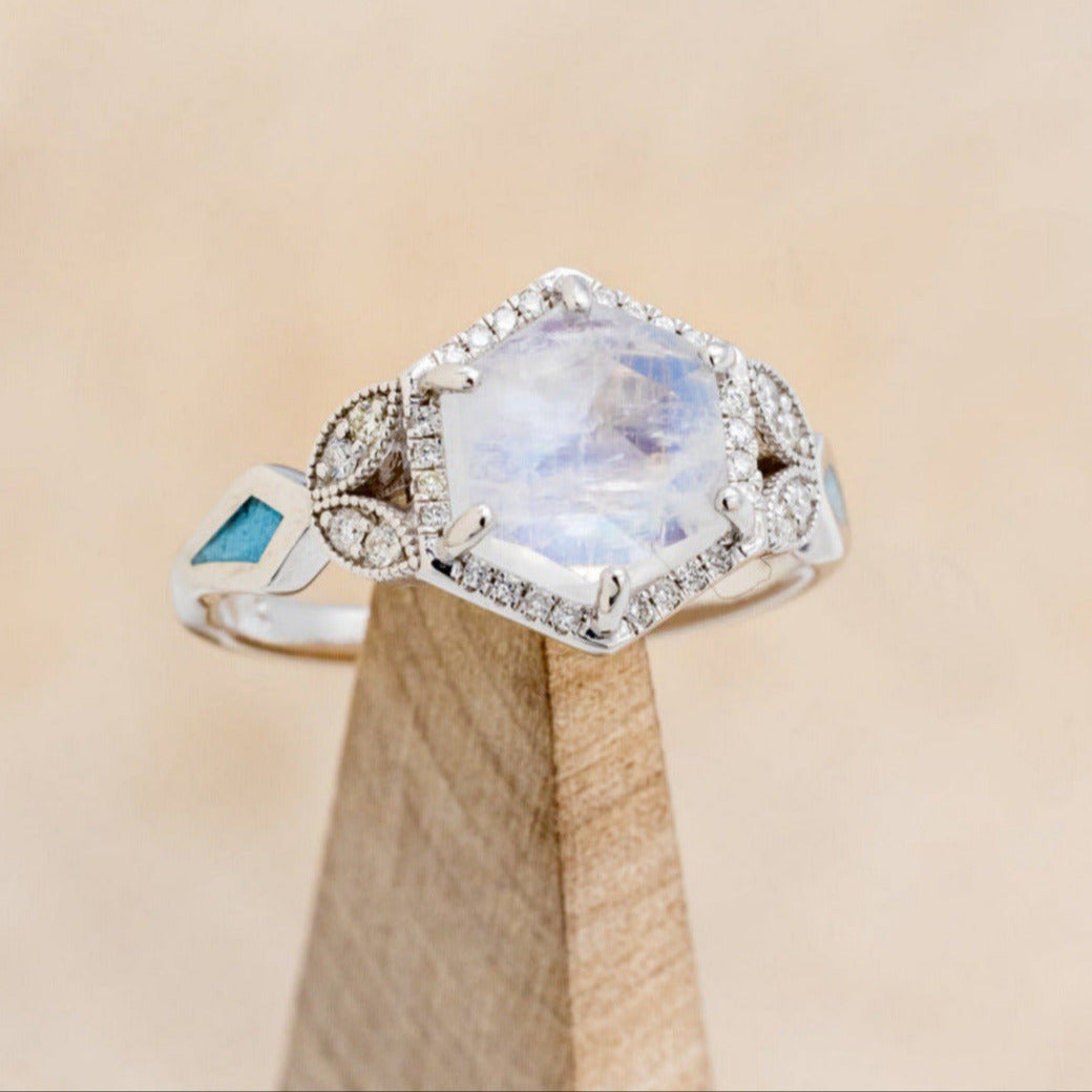 "LUCY IN THE SKY" - FACETED HEXAGON MOONSTONE ENGAGEMENT RING WITH DIAMOND HALO & TURQUOISE INLAYS-13