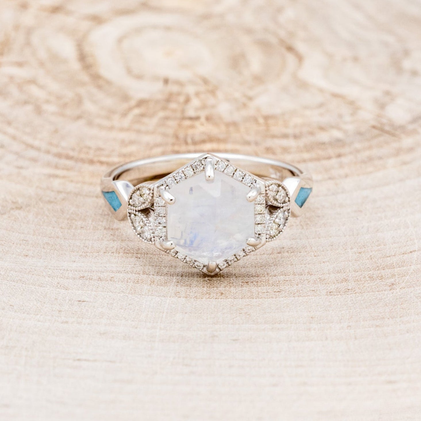 "LUCY IN THE SKY" - FACETED HEXAGON MOONSTONE ENGAGEMENT RING WITH DIAMOND HALO & TURQUOISE INLAYS-16