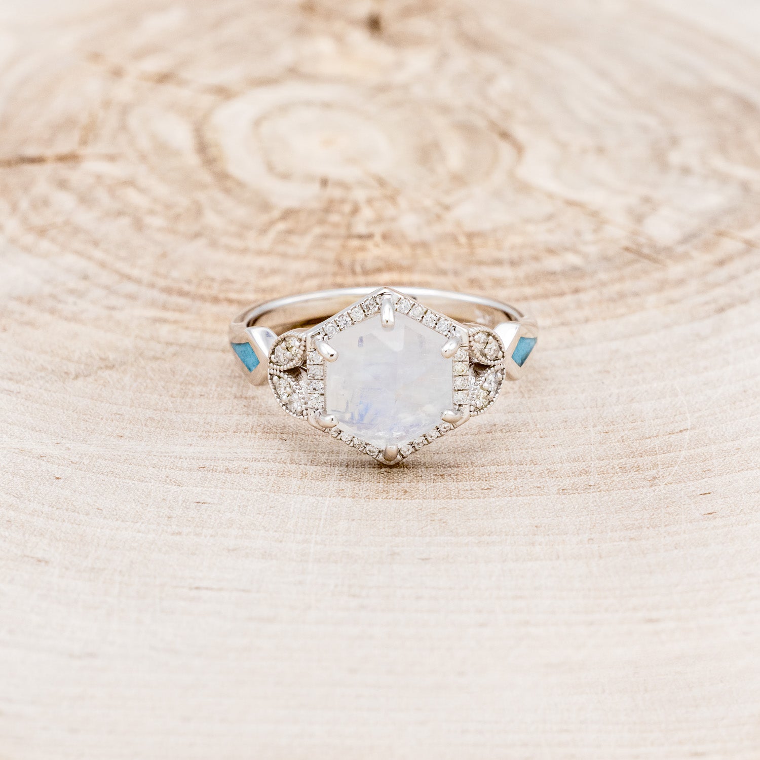 "LUCY IN THE SKY" - FACETED HEXAGON MOONSTONE ENGAGEMENT RING WITH DIAMOND HALO & TURQUOISE INLAYS-16