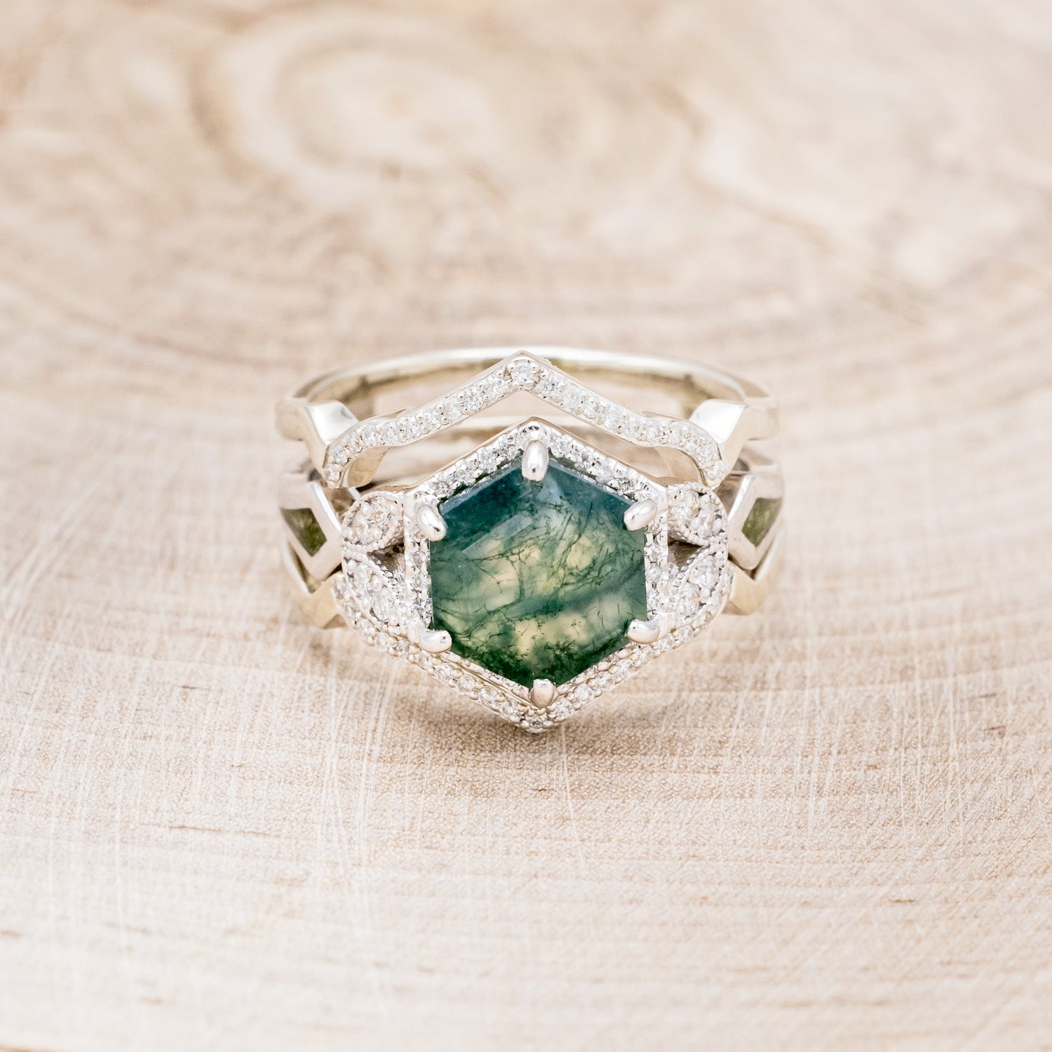 "LUCY IN THE SKY" - HEXAGON MOSS AGATE ENGAGEMENT RING WITH DIAMOND HALO, MOSS INLAYS & DIAMOND RING GUARD-4