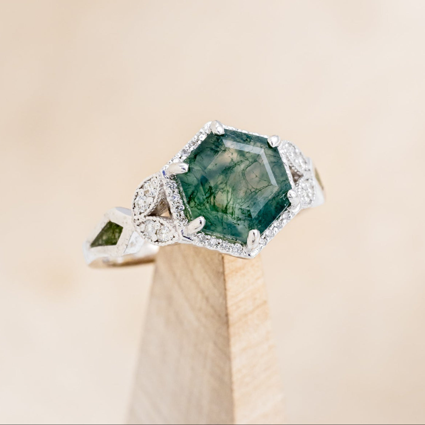 "LUCY IN THE SKY" - HEXAGON MOSS AGATE ENGAGEMENT RING WITH DIAMOND HALO, MOSS INLAYS & DIAMOND RING GUARD-7