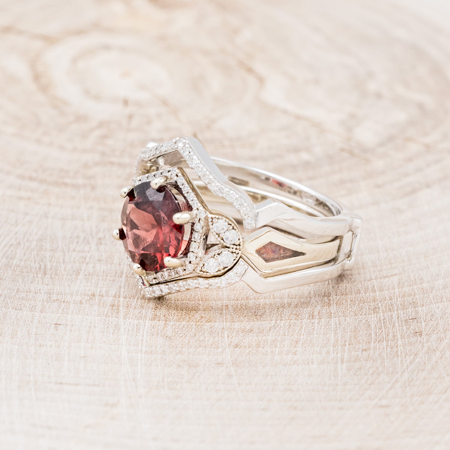"LUCY IN THE SKY" - ROUND CUT GARNET ENGAGEMENT RING WITH DIAMOND ACCENTS, RED OPAL INLAYS & RING GUARD-3