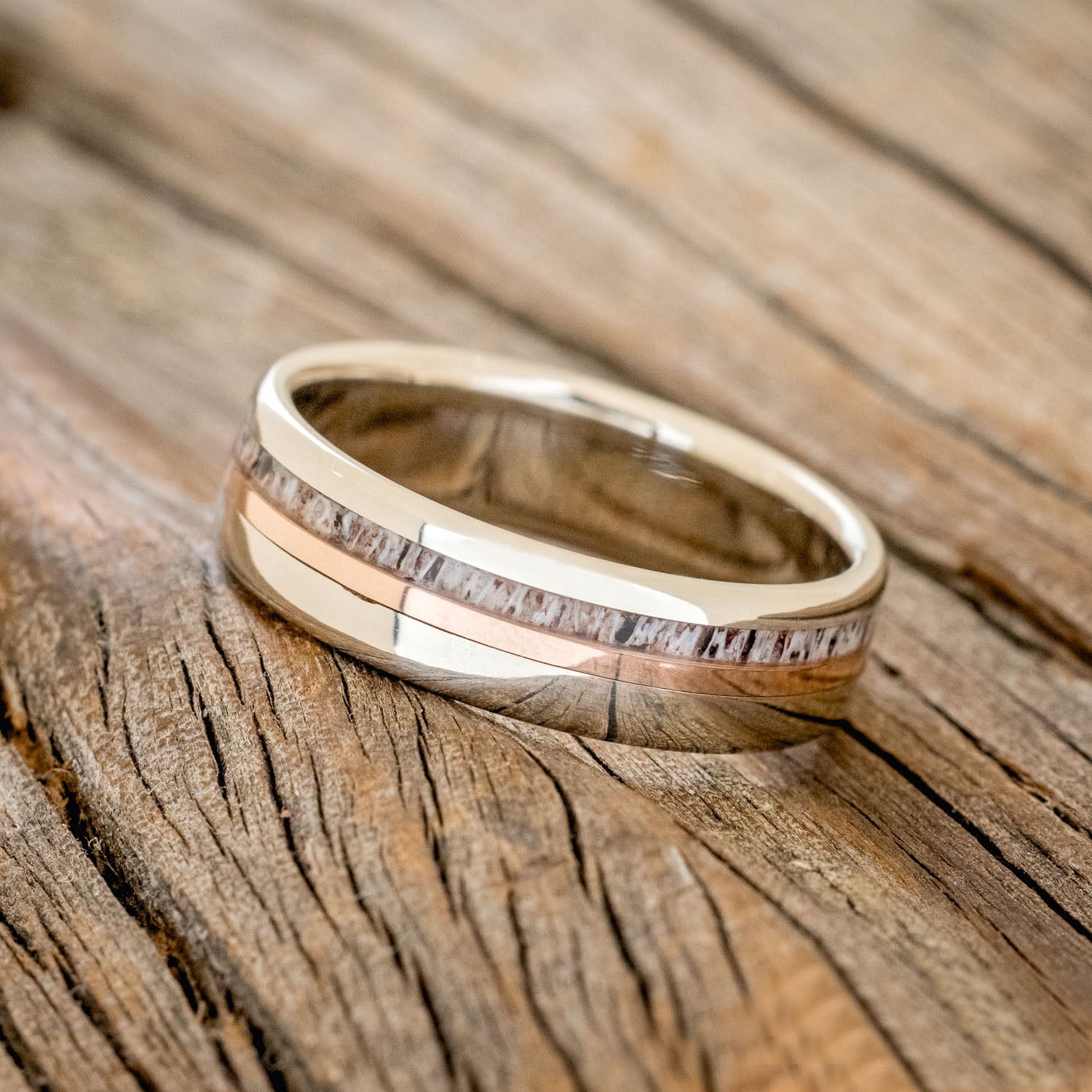 "TANNER" - ELK ANTLER & 14K GOLD INLAY WEDDING BAND-2