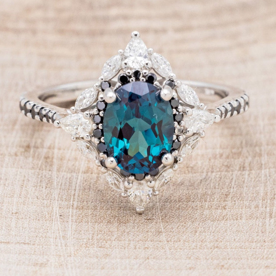 "NORTH STAR" - OVAL LAB-GROWN ALEXANDRITE ENGAGEMENT RING WITH DIAMOND HALO & BLACK DIAMOND ACCENTS-10
