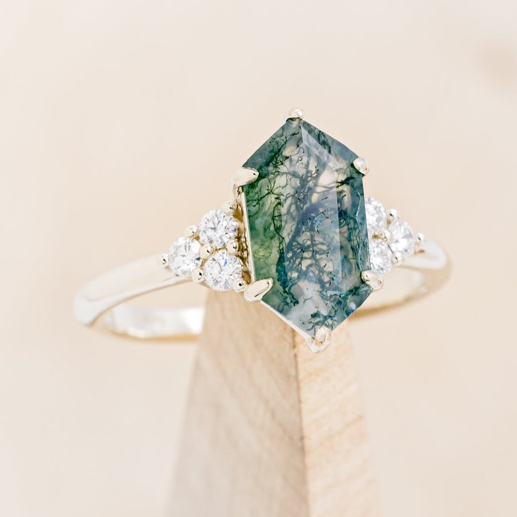 "OCTAVIA" - ELONGATED HEXAGON MOSS AGATE ENGAGEMENT RING WITH DIAMOND ACCENTS - EXPEDITED-8