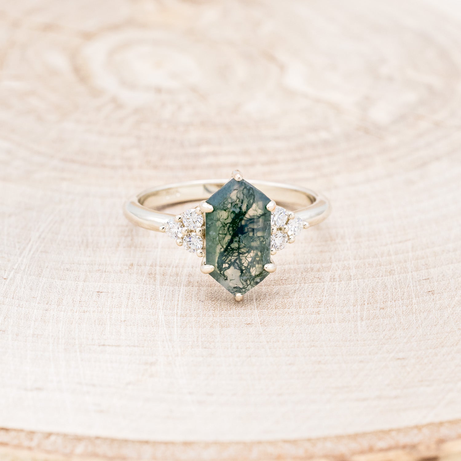 "OCTAVIA" - ELONGATED HEXAGON MOSS AGATE ENGAGEMENT RING WITH DIAMOND ACCENTS - EXPEDITED-9