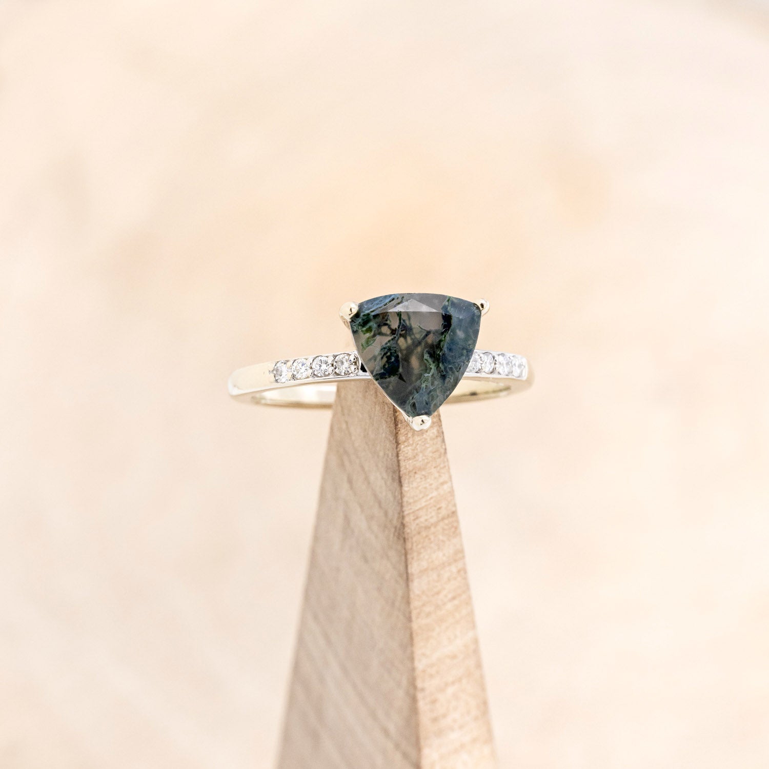 "PIPER" - TRILLION CUT MOSS AGATE ENGAGEMENT RING WITH DIAMOND ACCENTS-13