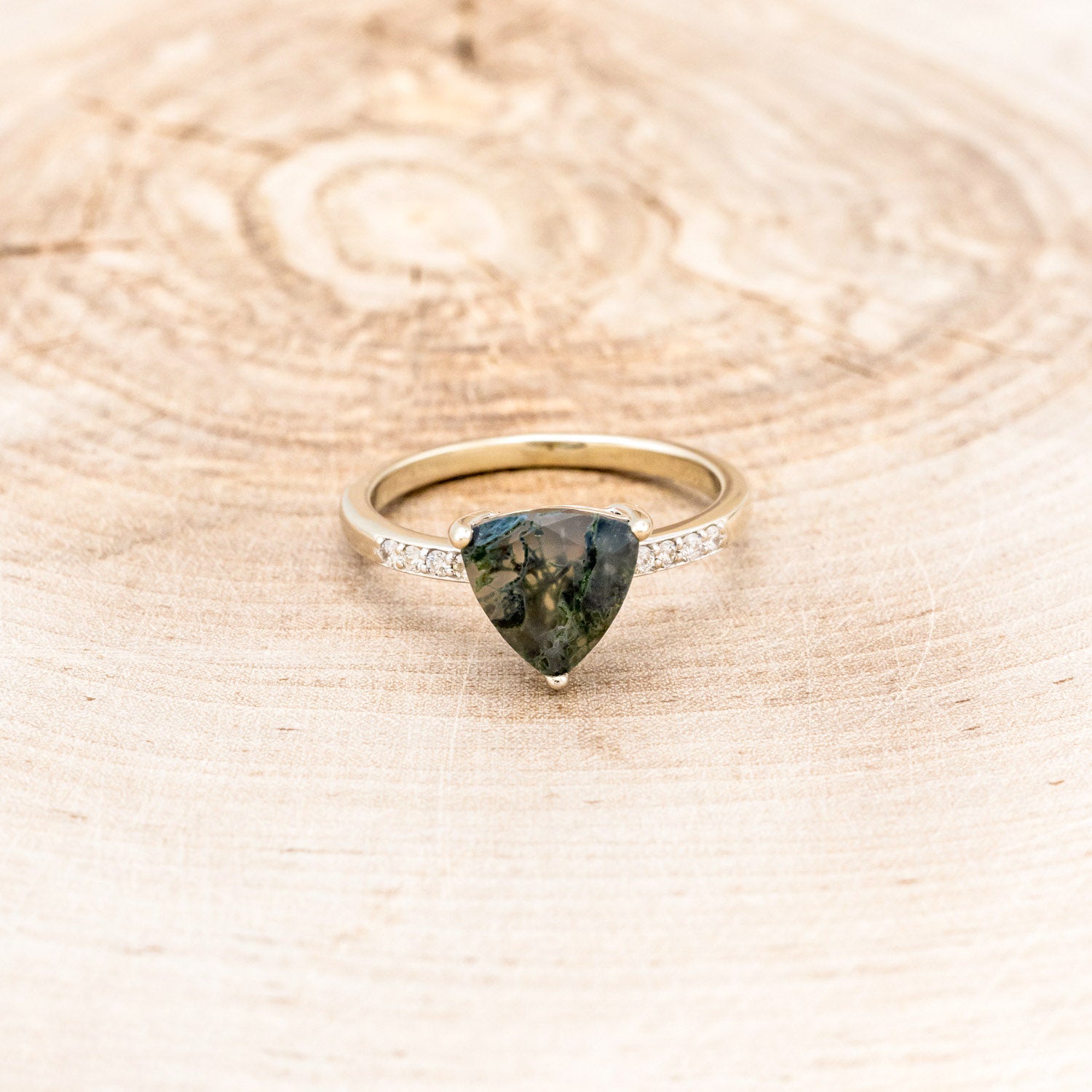"PIPER" - TRILLION CUT MOSS AGATE ENGAGEMENT RING WITH DIAMOND ACCENTS-16