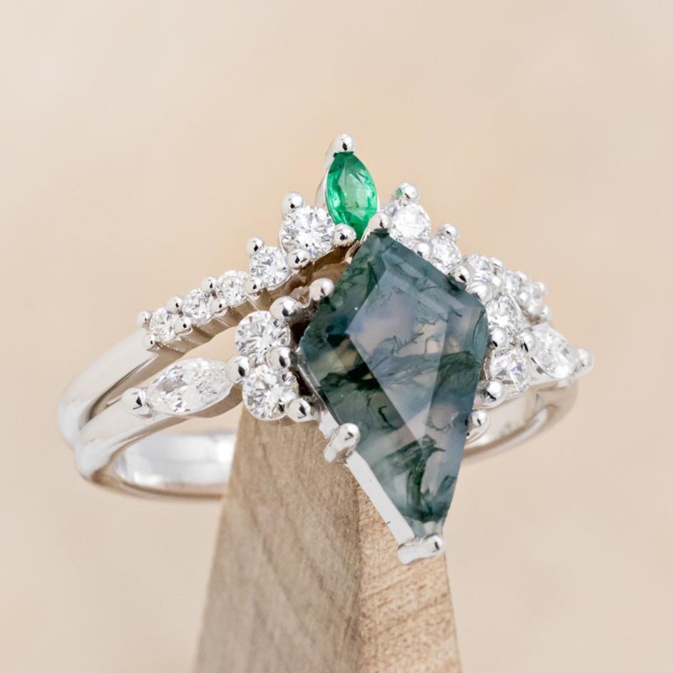 "SAGE" - KITE CUT MOSS AGATE ENGAGEMENT RING WITH DIAMOND ACCENTS & EMERALD TRACER-18